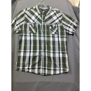 CARBON Men Plaid Short Sleeve Button Up Shirt Green Black White Casual SZ Medium